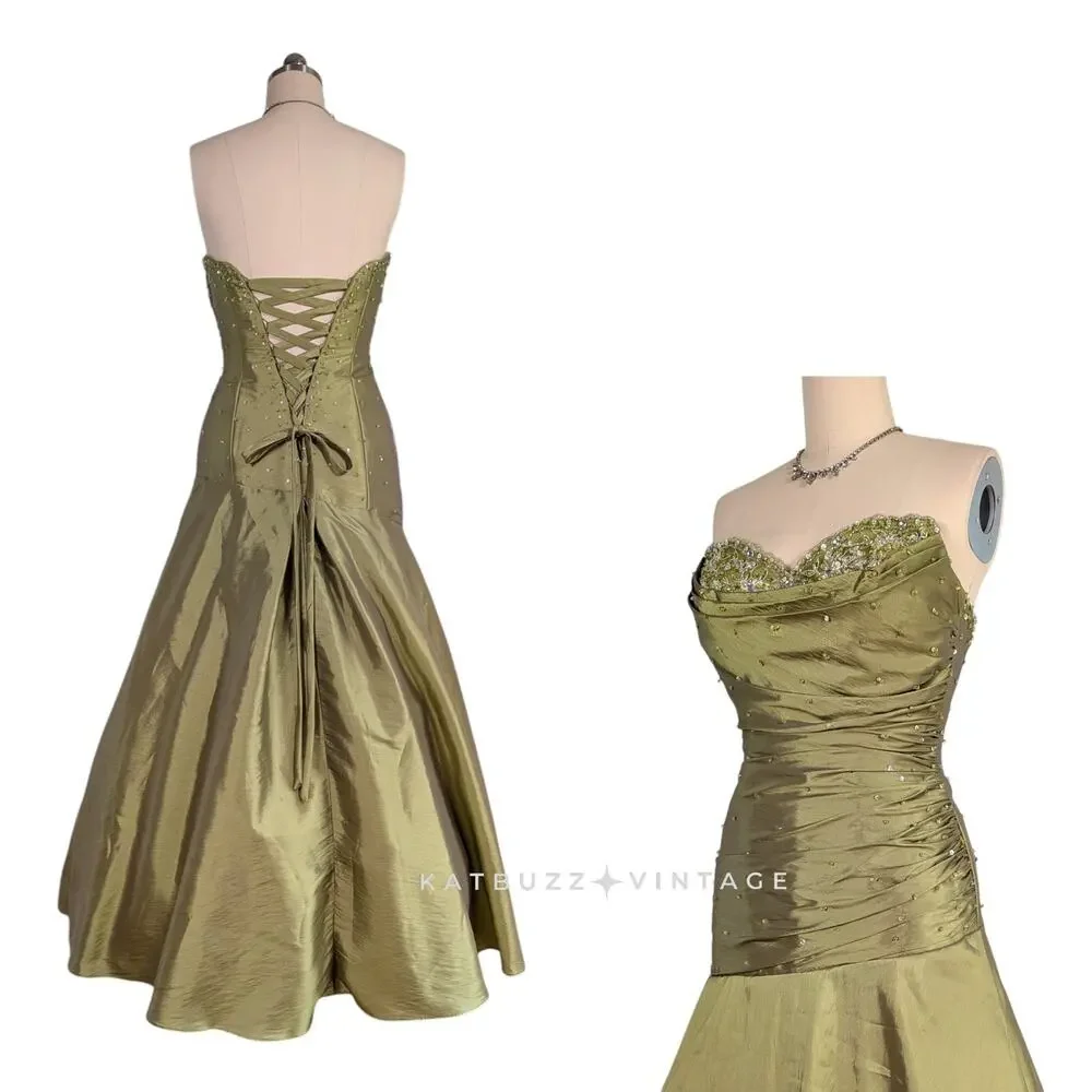 Mori Lee Prom Dress Maxi Gown 10 Green Strapless Corset Mermaid Bead Y2K Olive - Picture 2 of 16